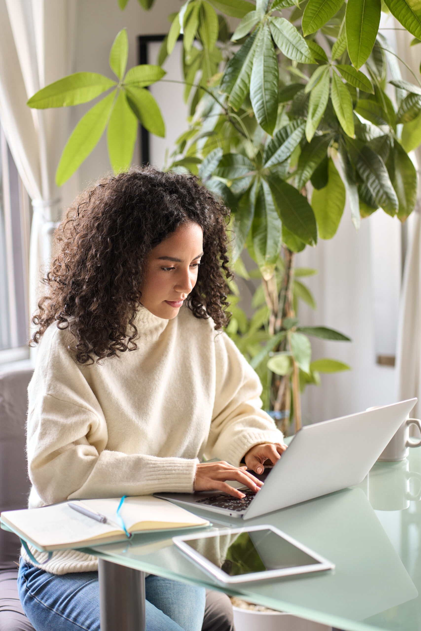 young busy woman using laptop pc elearning online, searching job.
