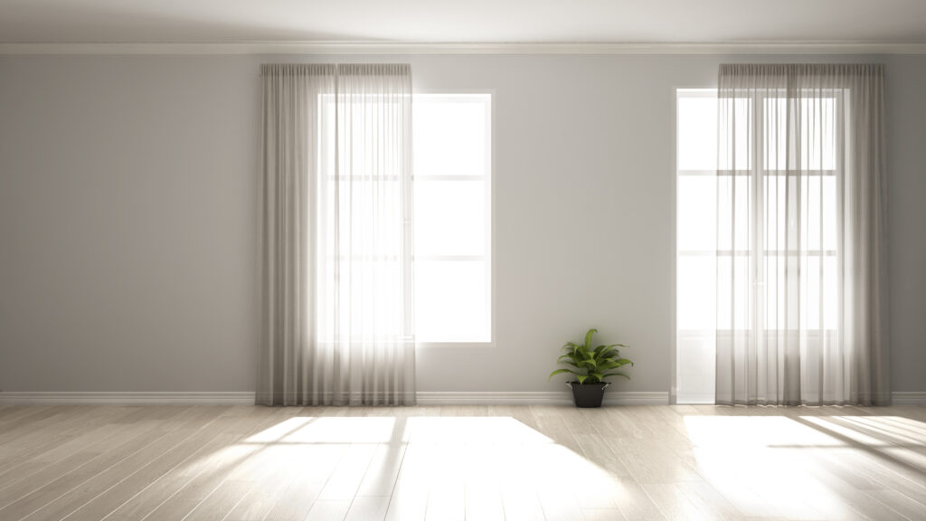 stylish empty room with panoramic windows, parquet wooden floor,